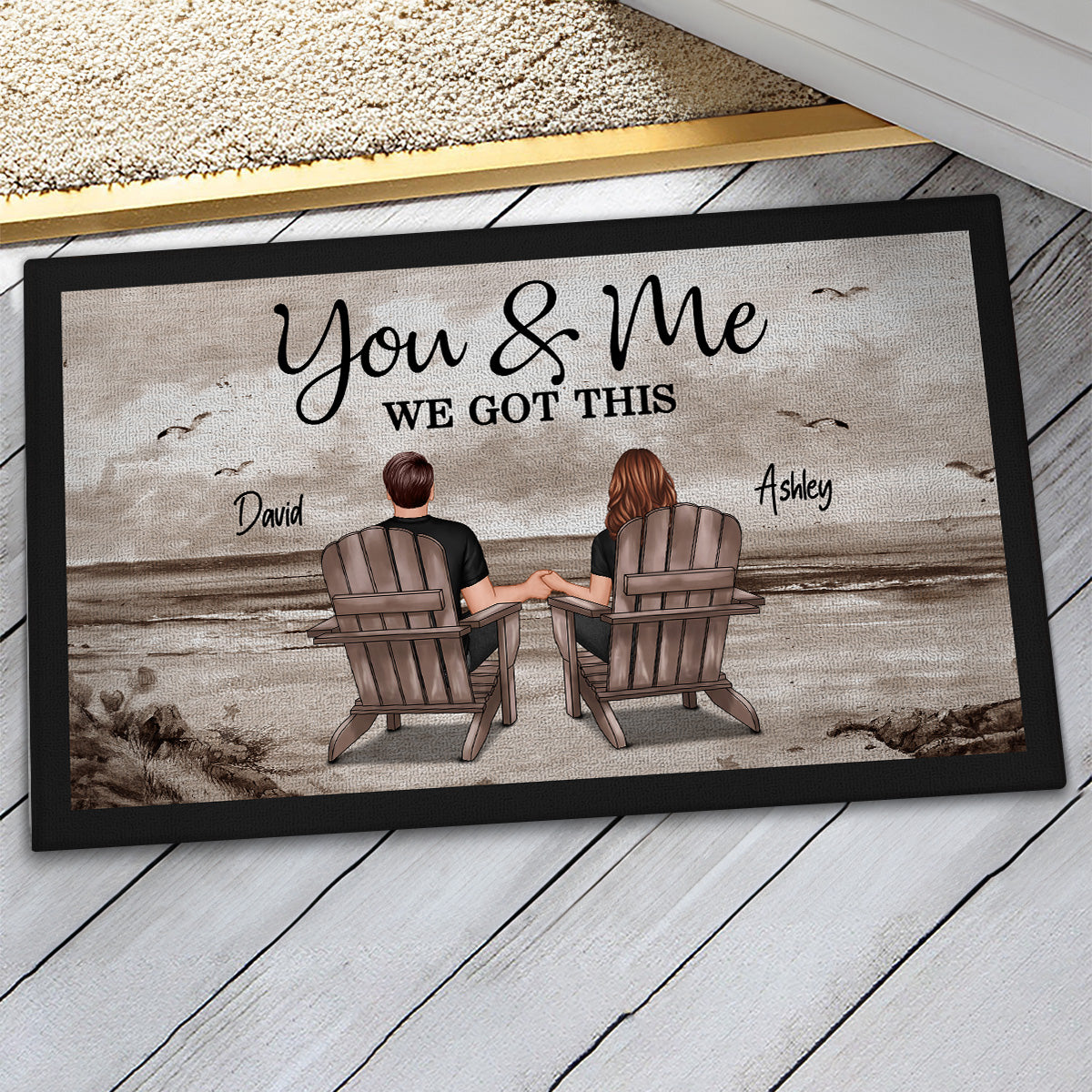 Retro Vintage Back View Couple Sitting Beach Landscape Personalized Doormat