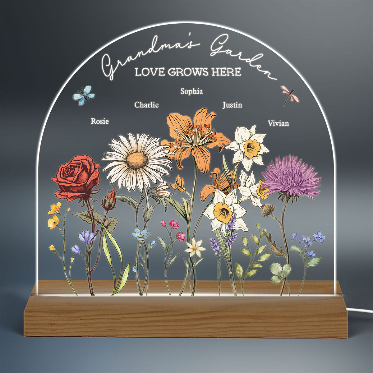Grandma's Garden Vintage Birth Month Flowers Dome Shaped - Personalized Acrylic LED Night Light - Christmas Gift For Mom, Gift For Grandma