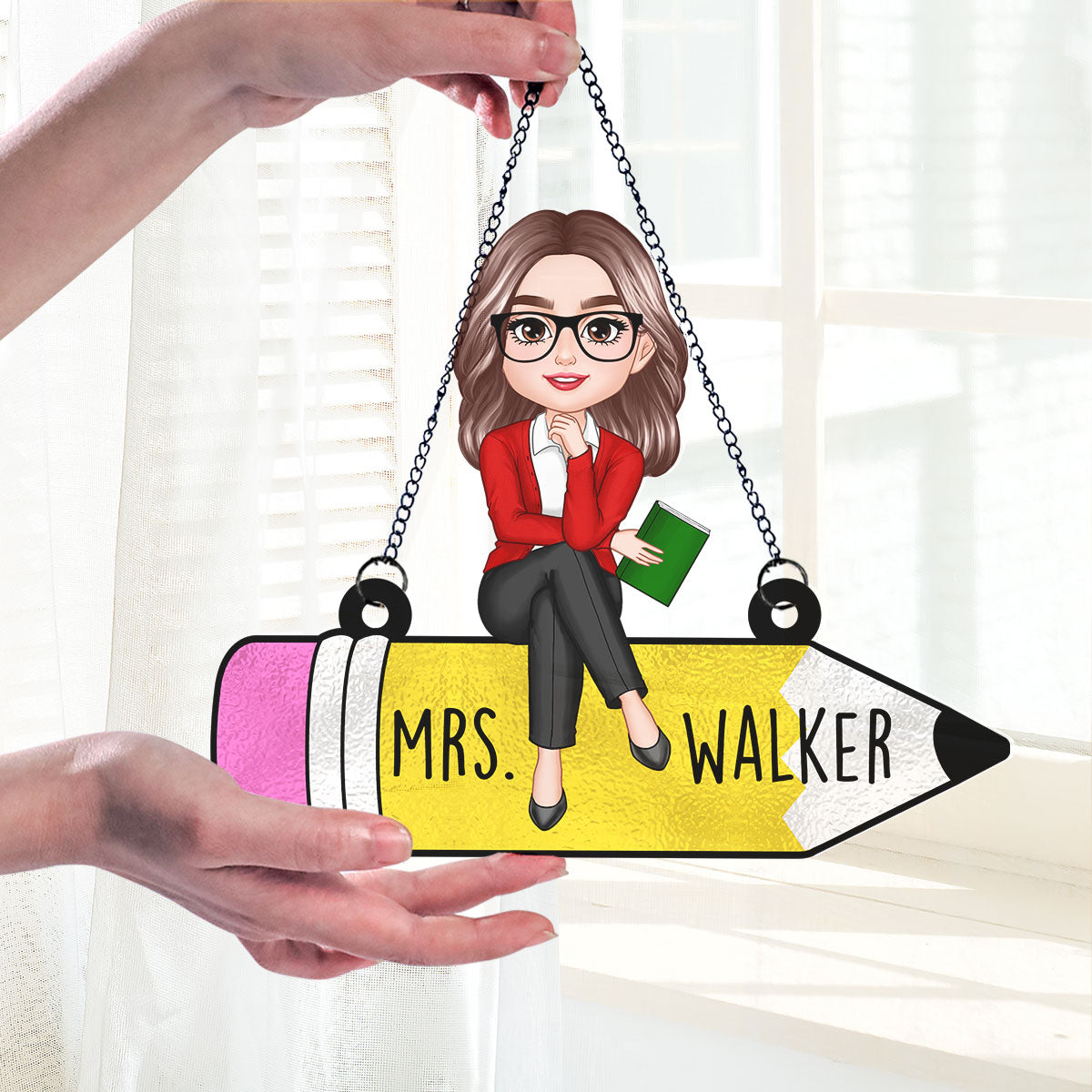 Teacher Sitting On Pencil Personalized Suncatcher, Teacher Appreciation Gift, Back To School Gift