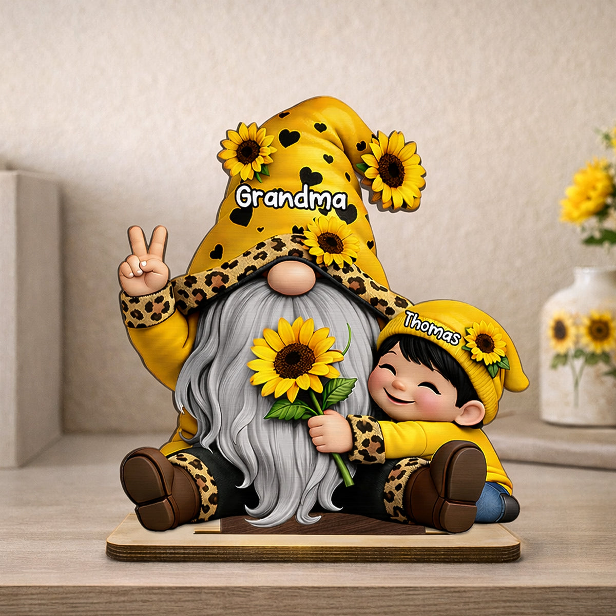 Gnome Grandma & Grandkids Sunflower - Personalized 2-Layered Wooden Plaque - Sentimental Gift for Grandma