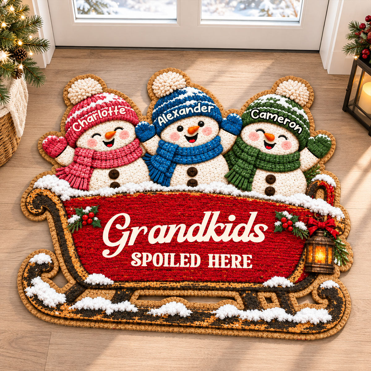 Grandkids Snowman On Sleigh - Personalized Door Mat - Christmas Decor For Grandparents, Family