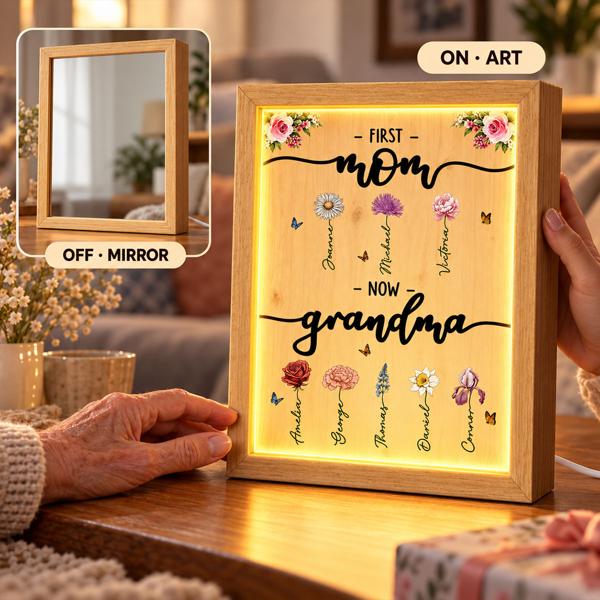 First Mom Now Grandma Custom Birth Month Flower - Personalized Mirror Light Box - Heartfelt Christmas Gift for Mom, Wife, Grandma