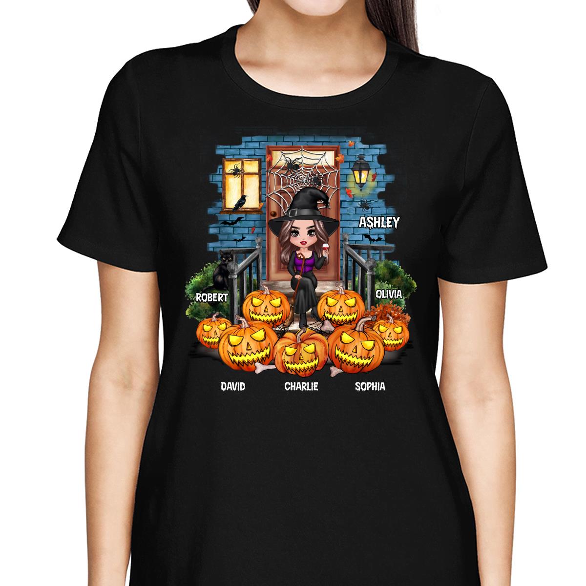 Grandma Mom Halloween Pumpkins Front Porch Personalized Shirt