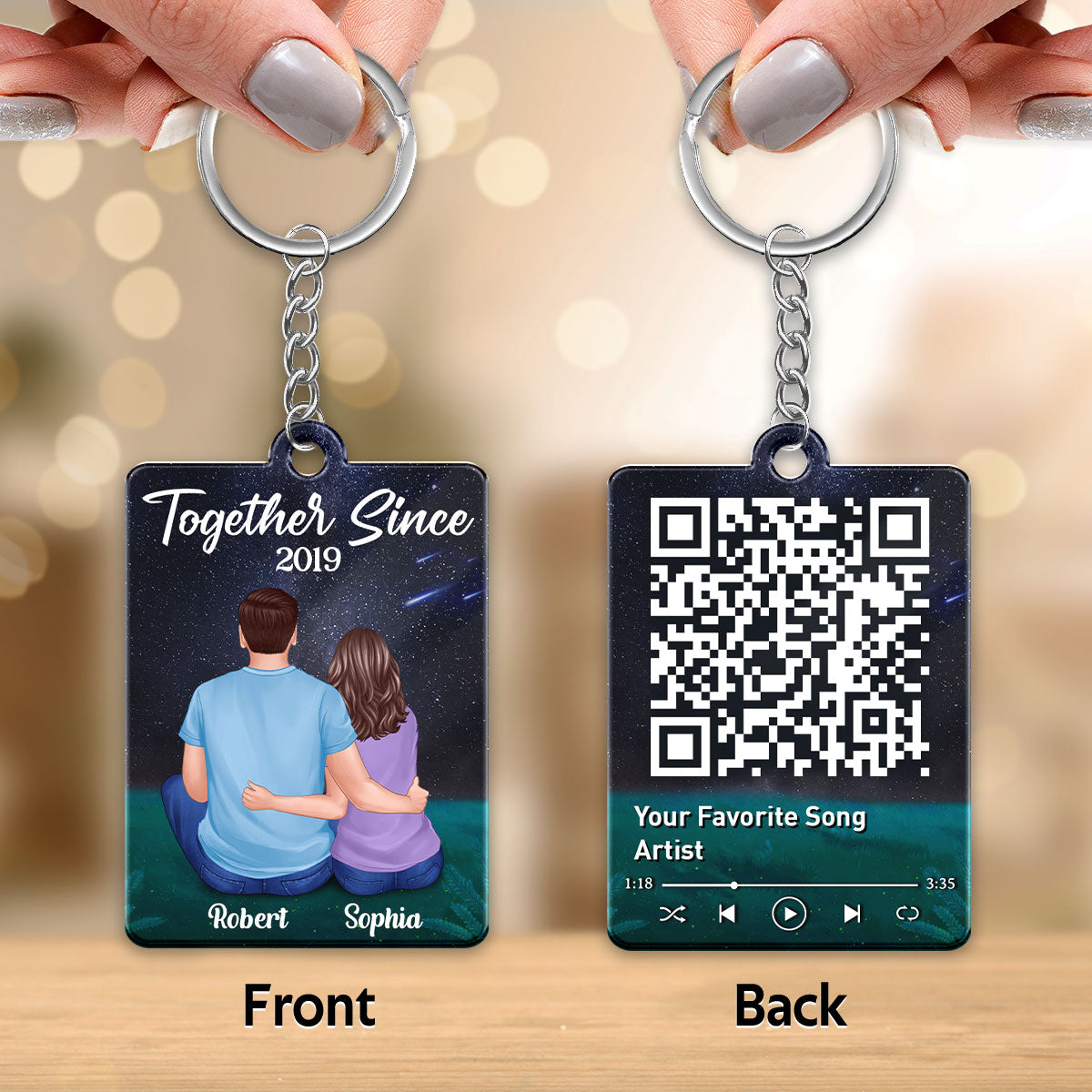Couple Sitting Back View Under Night Sky Favorite Song QR Code Personalized Acrylic Keychain