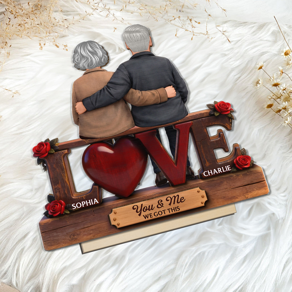 Roses LOVE Back View Old Couple Sitting Embracing - Personalized 2-Layered Wooden Plaque - Valentine's Day Gift For Couple, For Him, For Her