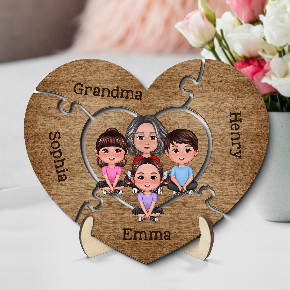 Grandma Grandkids Sitting Puzzle Heart Mother‘s Day Gift Personalized 2-Layer Wooden Plaque