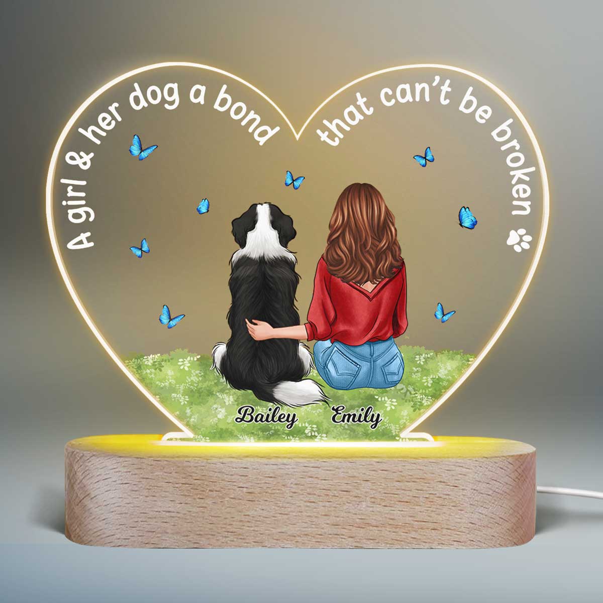 A Girl And Her Dog Bond Personalized Heart Acrylic Plaque LED Lamp Night Light