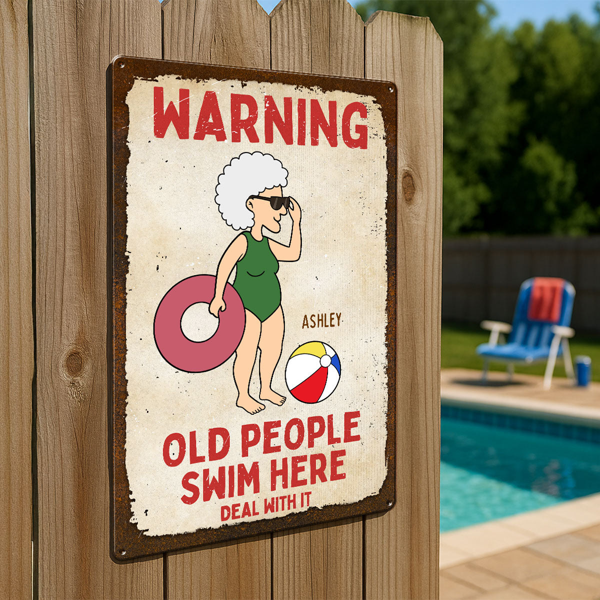 Warning Old People Swim Here Personalized Pool Metal Sign