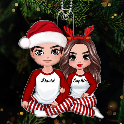 Christmas Doll Couple Sitting Hugging - Personalized Ornament