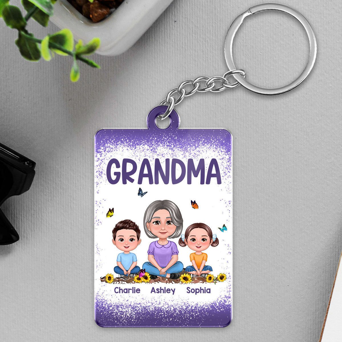 Purple Grandma Mom Kids Butterflies Personalized Acrylic Keychain