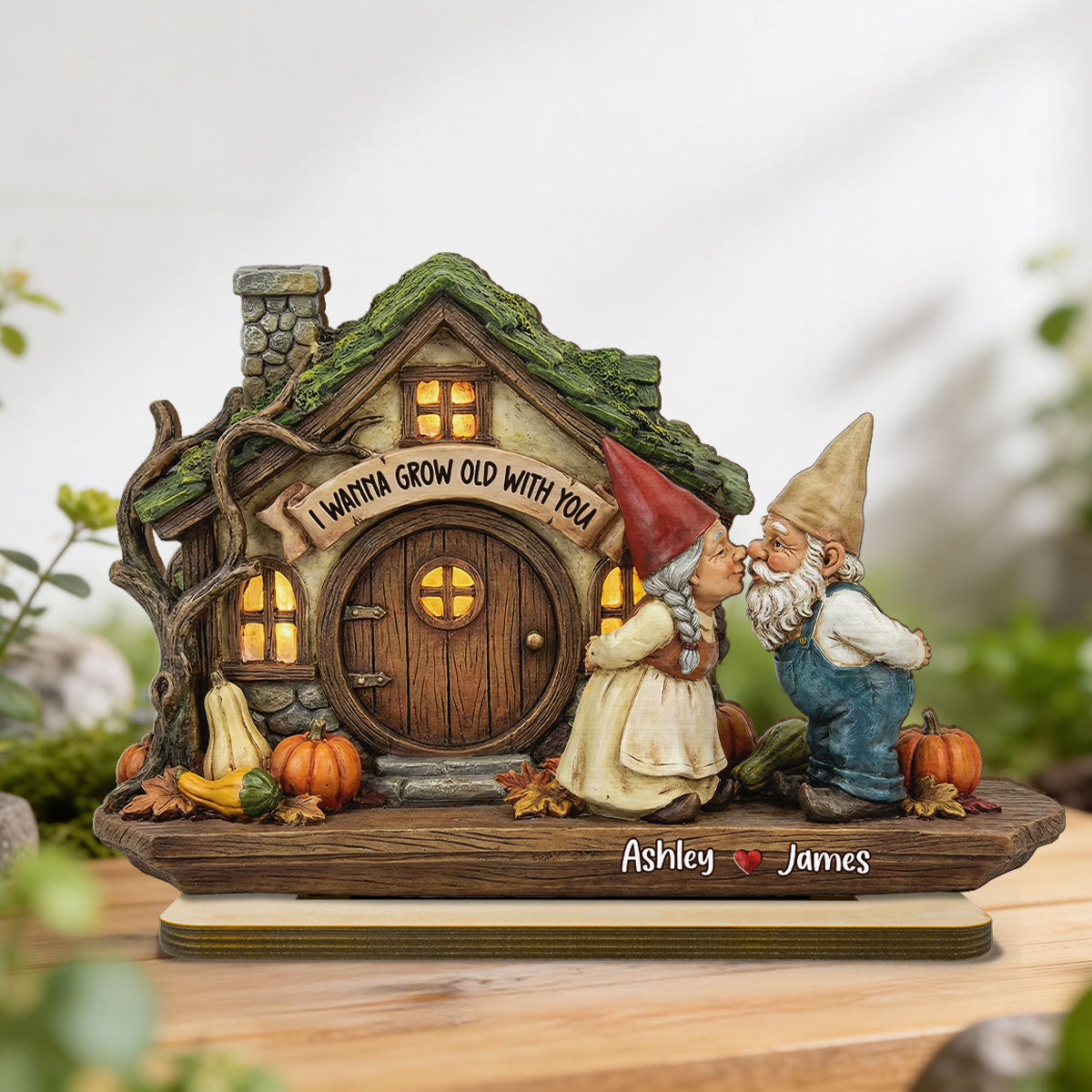 Wanna Grow Old With You Gnome Couple Kissing 2D Flat - Personalized 2-Layered Wooden Plaque - Anniversary, Valentine's Day Gift For Him, Gift For Her
