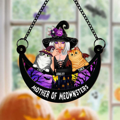 Wicked Cat Mom Stained Glass Moon Personalized Suncatchers, Halloween Decor For Cat Lovers