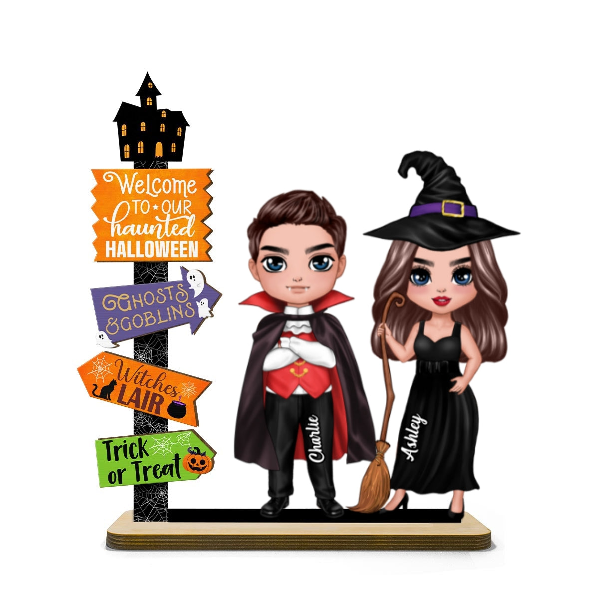 Welcome To Our Haunted House Couple Halloween Tier Tray Decor Personalized 2-Layer Standing Wooden Plaque