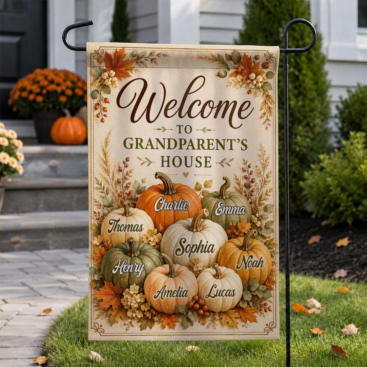 Welcome To Grandparent's House Fall Pumpkin - Personalized Garden Flag - Fall Season Decor Gift, Gift For Grandma, Grandpa