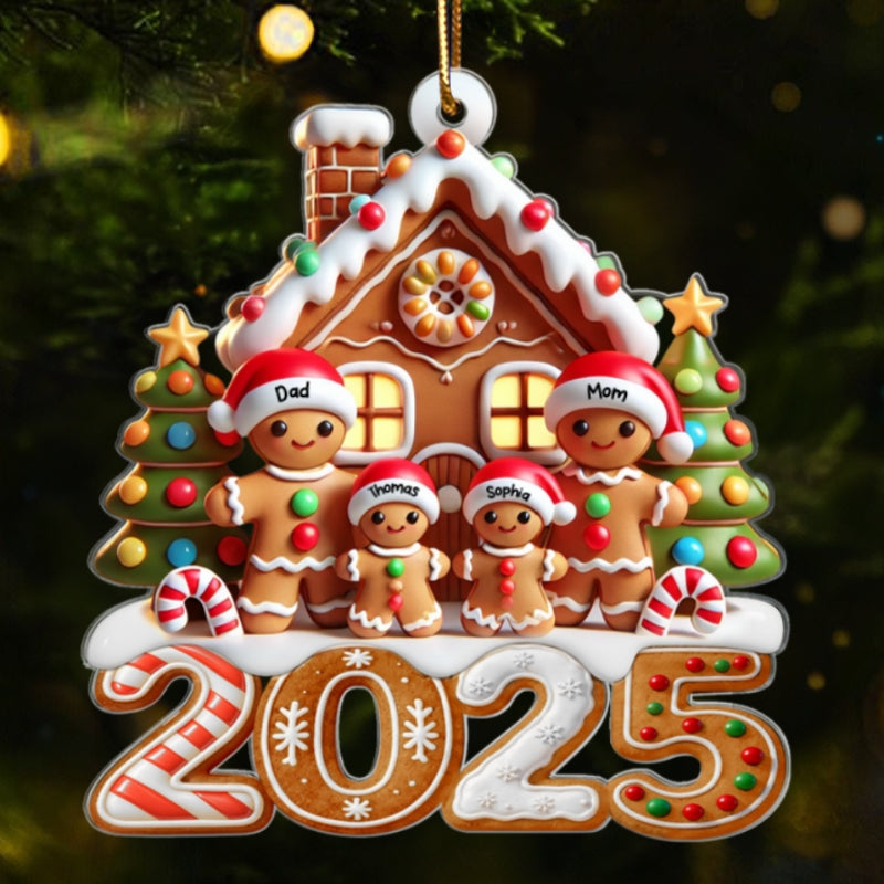 3D Effect 2025 Gingerbread Family With Gingerbread House - Personalized Acrylic Ornament