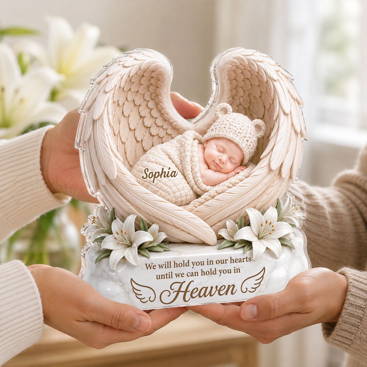 We Will Hold you in Our Hearts - Personalized Acrylic Block Plaque - Custom Infant Loss Gift, Miscarriage Baby Awareness Keepsake