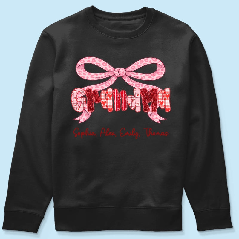 Preppy Valentine Pattern Grandma Mom Nana With Kids Name - Personalized Shirt - Valentine's Day Gift For Grandma