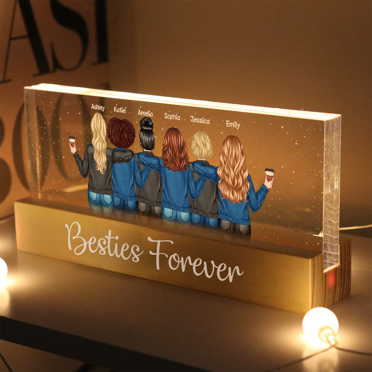 Back View Besties Personalized Acrylic Block LED Night Light, Gift For Best Friends, BFF