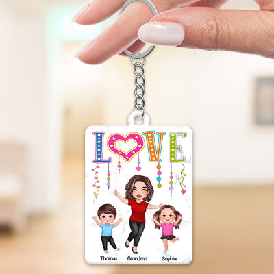 LOVE Happy Doll Grandma Mom With Kids Personalized Acrylic Keychain