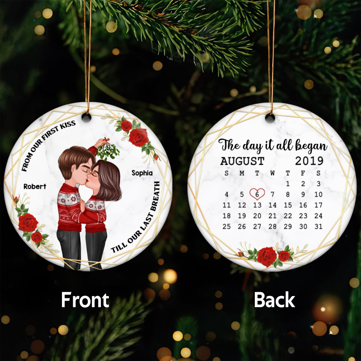 From Our First Kiss Couple Kissing Calendar Anniversary Keepsake Personalized Double Sided Circle Ornament