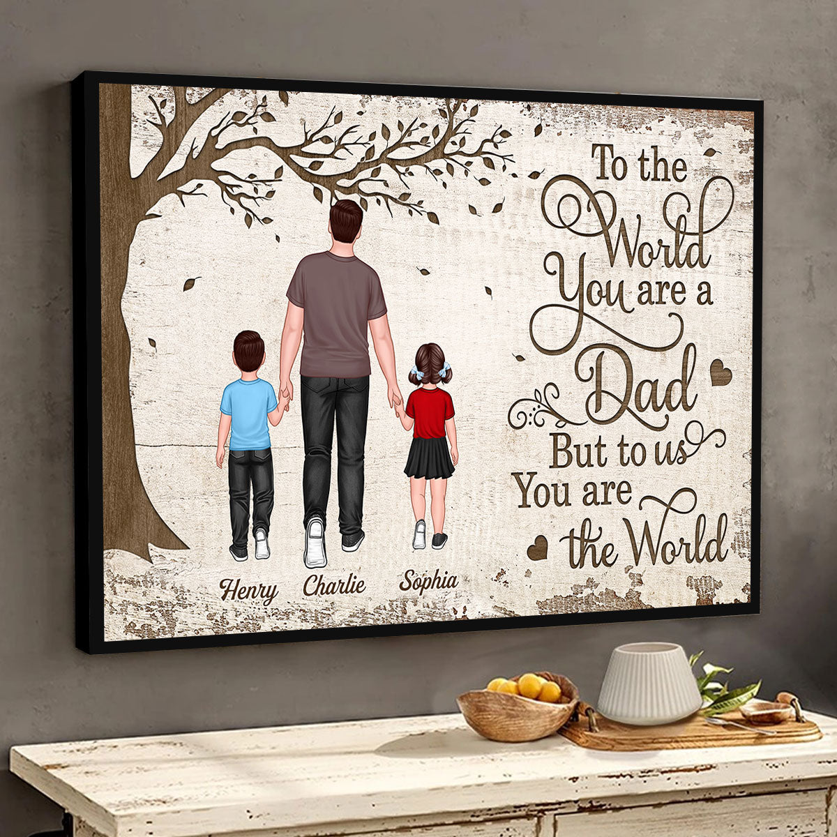 Back View Dad And Kids Walking Under Tree Personalized Horizontal Poster