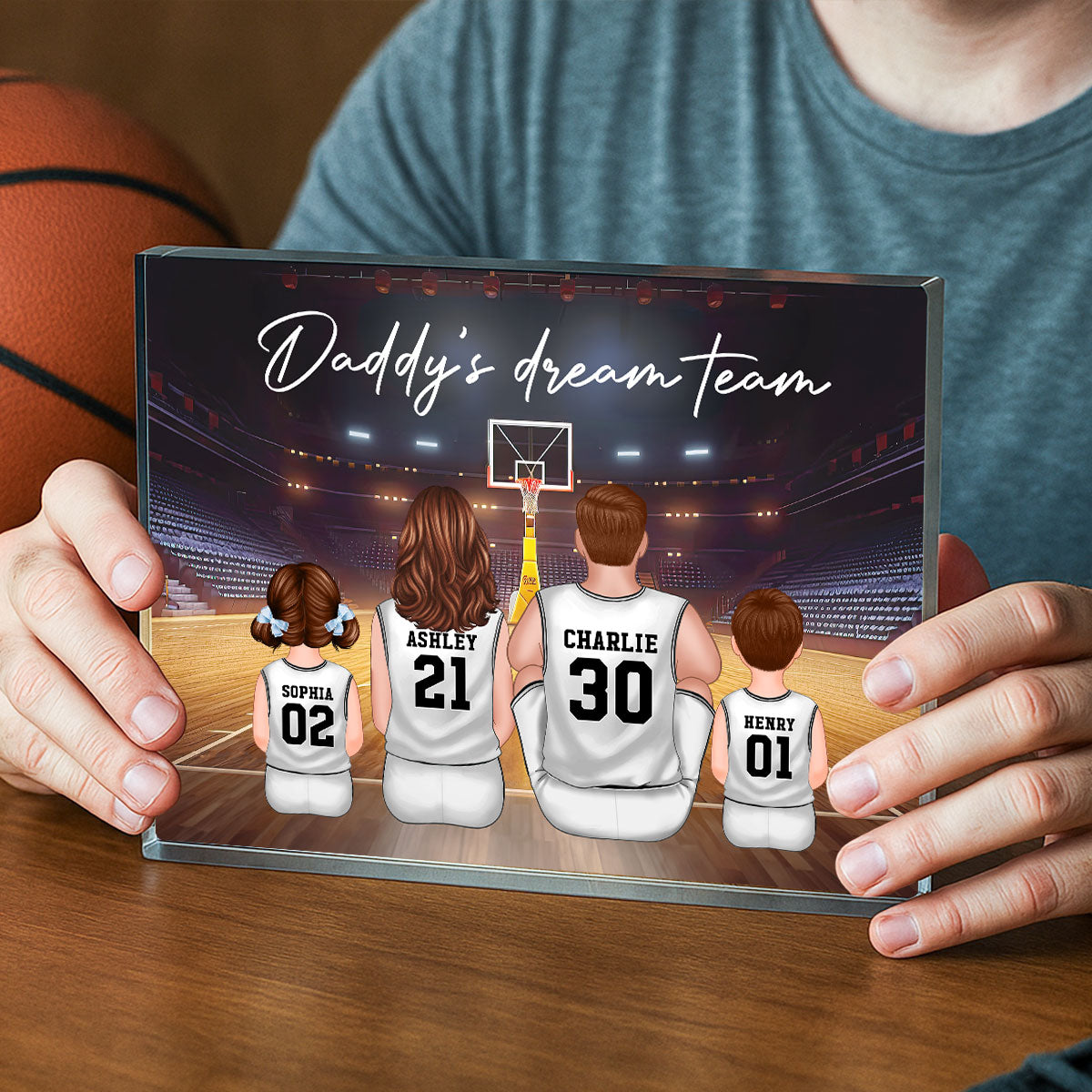 Daddy's Team Basketball Family Sitting Personalized Acrylic Block, Unique Father's Day Gift for Dad, Gift for Husband