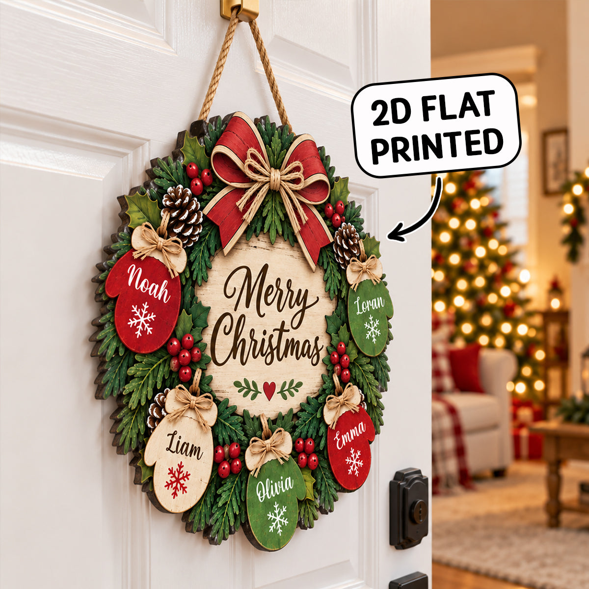 Home For The Holidays Mittens On Wreath 2D Flat Printed - Personalized Wood Sign - Christmas Decor For Family, Grandparents