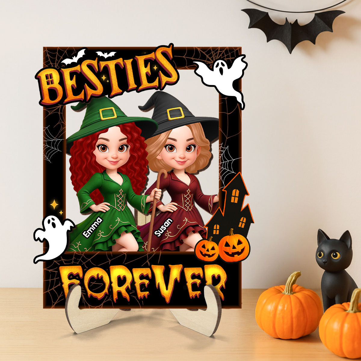 Besties Sisters Witch Photo Booth Frame Personalized 2-Layer Wooden Plaque