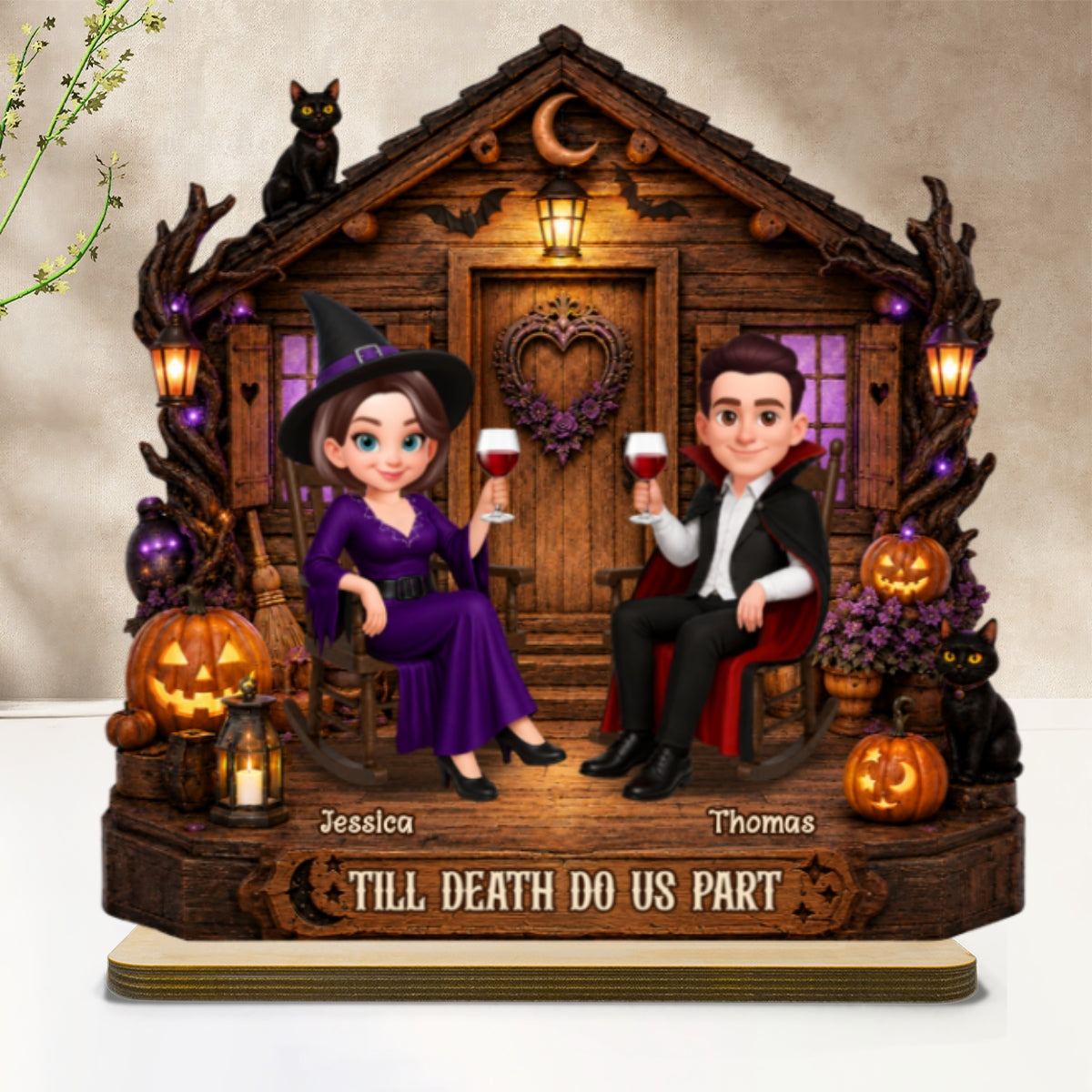Spooky Halloween Haunted Cabin House Couple - Personalized 2-Layered Wooden Plaque - Halloween Decoration For Couple