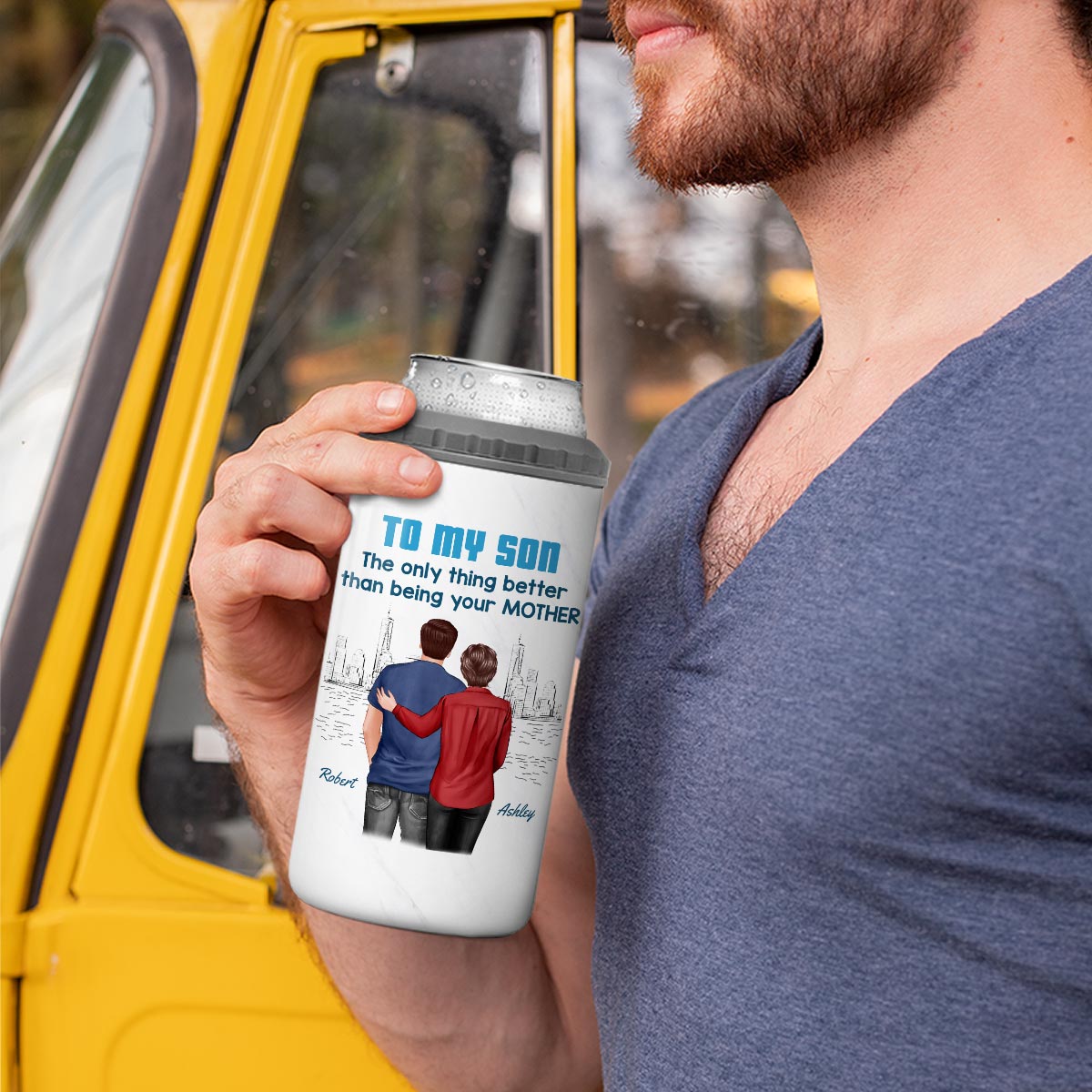 From Mom Dad To Son Watching You Be A Dad Blue Tone Personalized 4-in-1 Can Cooler, Gift For Son