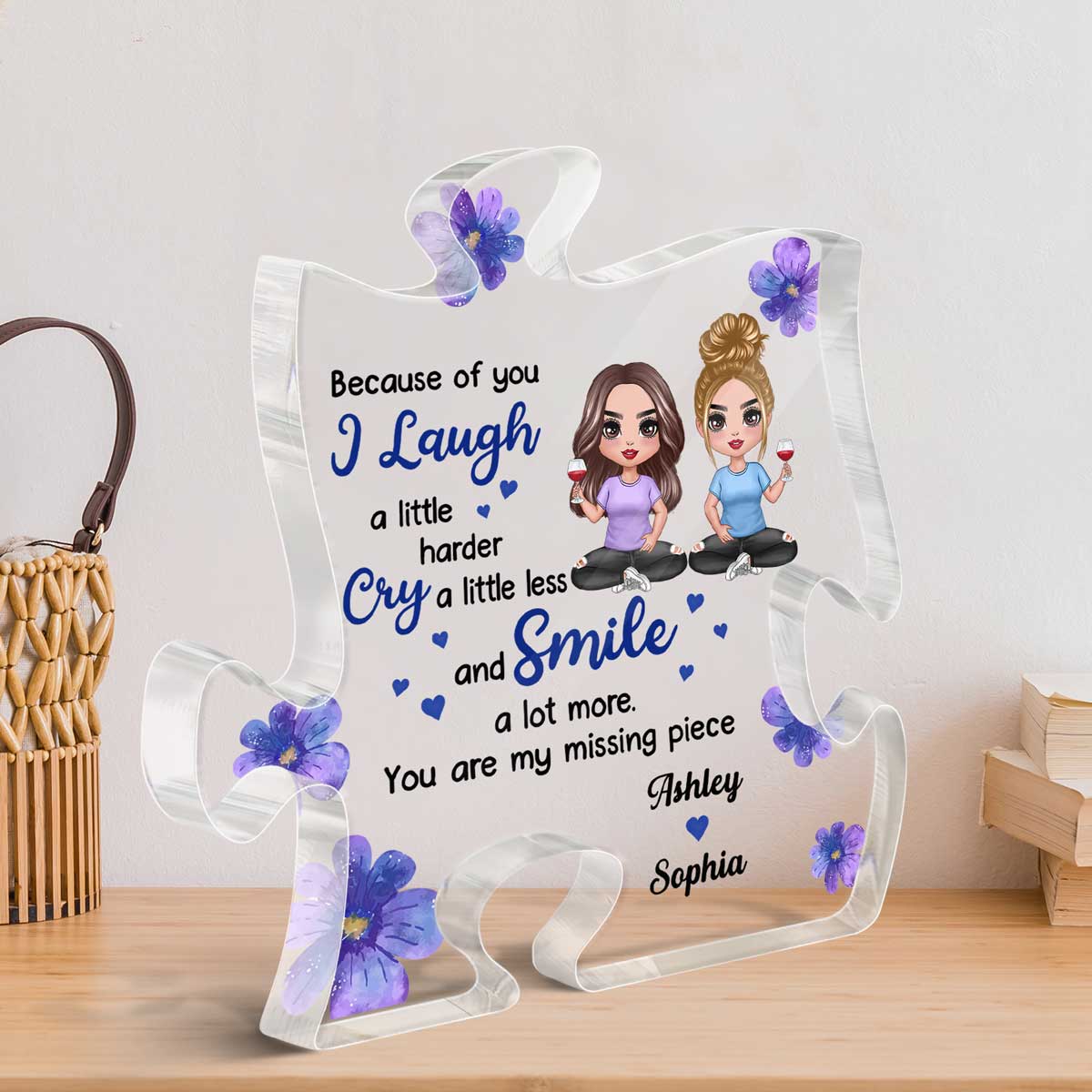 Floral Doll Girls Sitting Gift For Best Friends Personalized Puzzle Acrylic Plaque