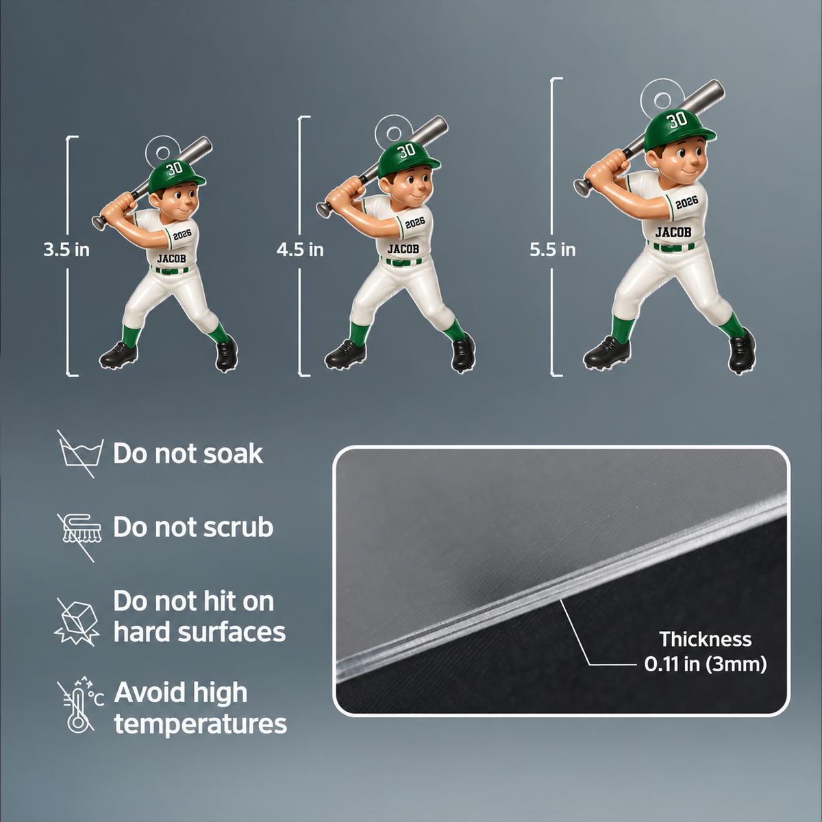 Cute Baseball Player 3D Effect, Personalized Acrylic Flat Ornament, Gift for Son, for Daughter, for Grandson, for Granddaughter