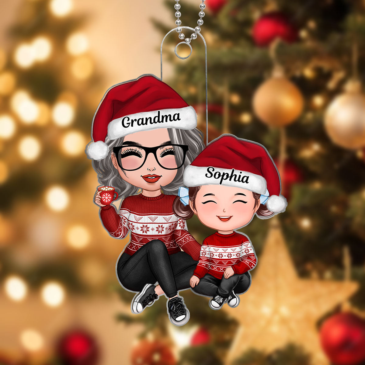 Christmas Grandma Grandson Granddaughter Happy Face Sitting Personalized Acrylic Ornament