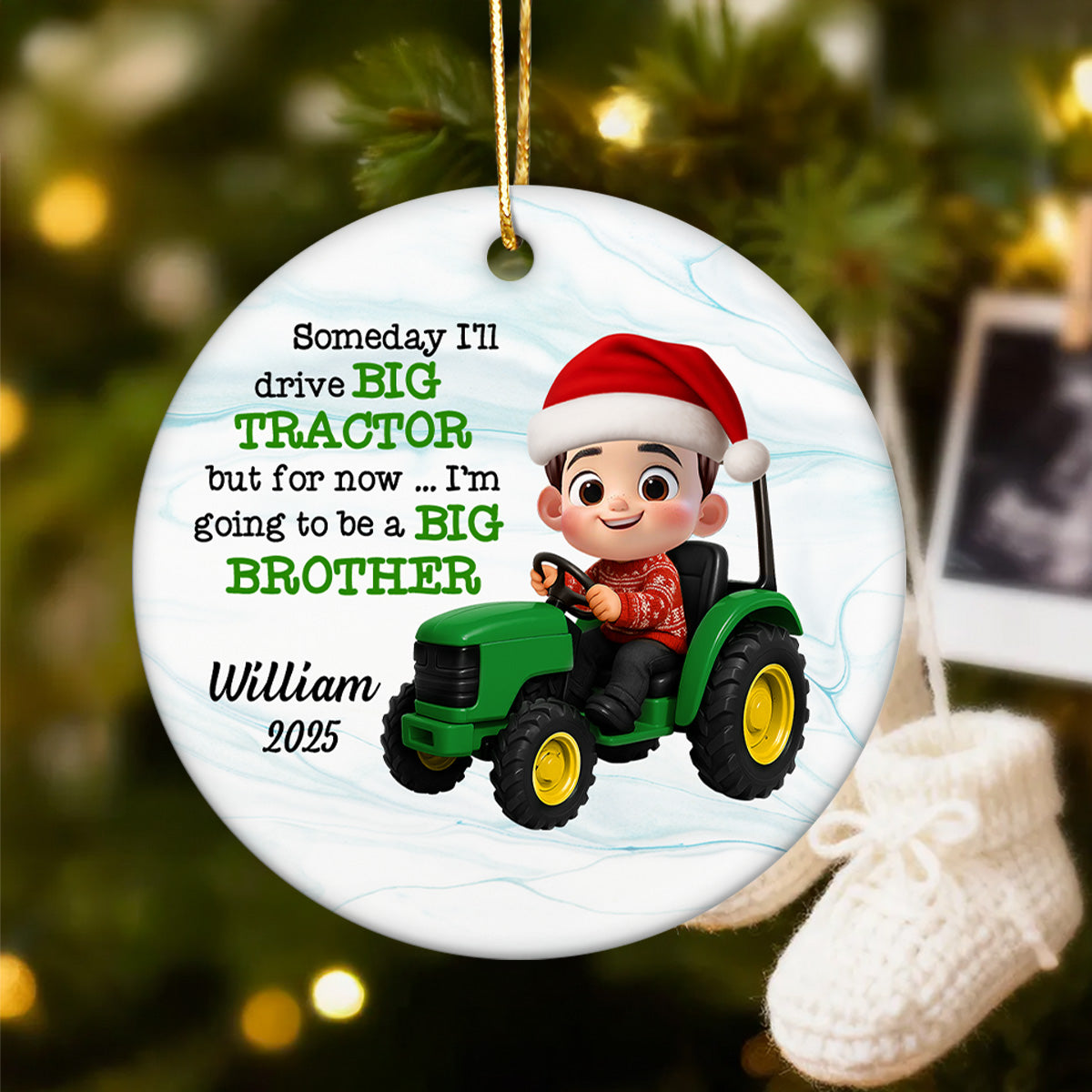 Someday I'll Drive Big Tractor Going To Be Big Brother - Personalized Ceramic Ornament - Proud New Big Siblings Gift