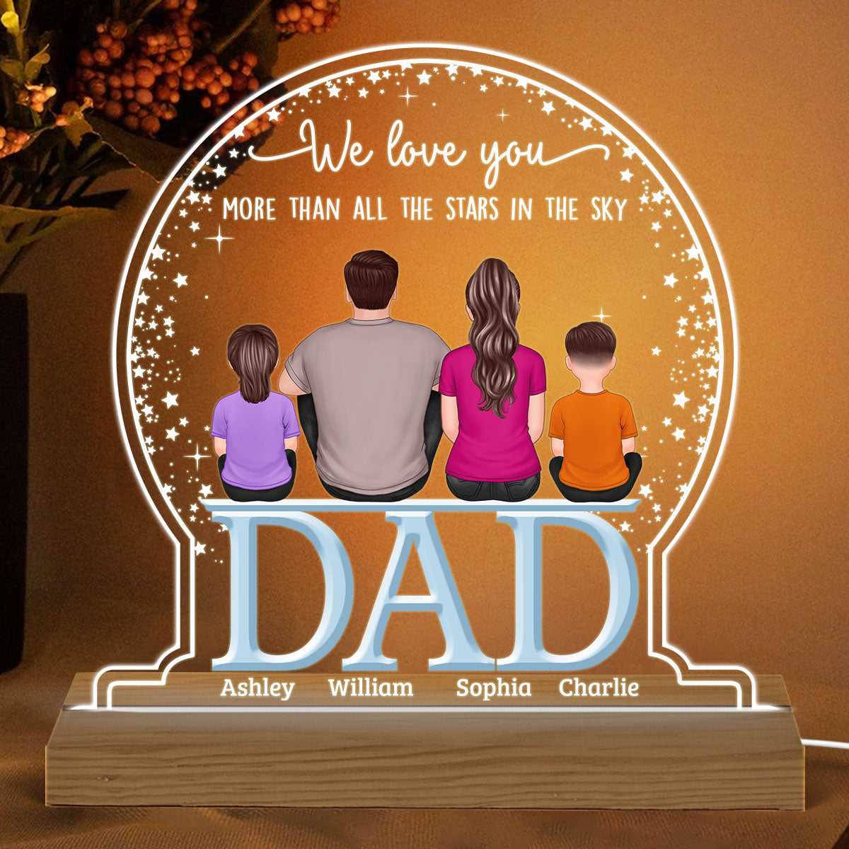 Dad We Love You More Than Stars In Sky Back View Sitting Man & Kids Personalized Custom Shaped Acrylic Plaque With Warm LED Night Light
