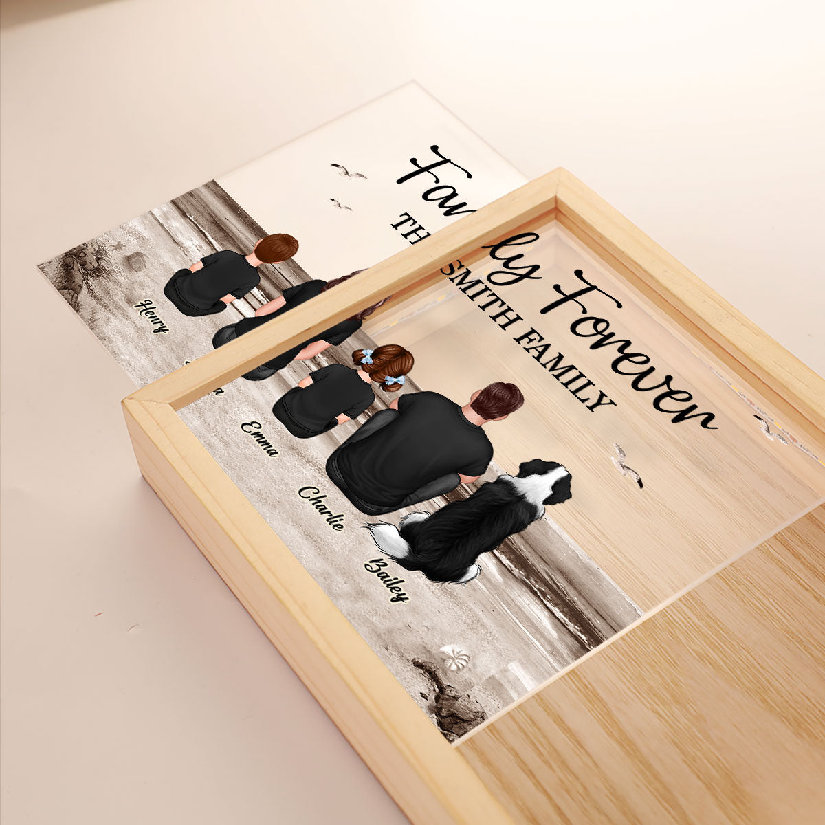 Retro Vintage Family Sitting Beach Landscape Personalized Wooden Frame Light Box