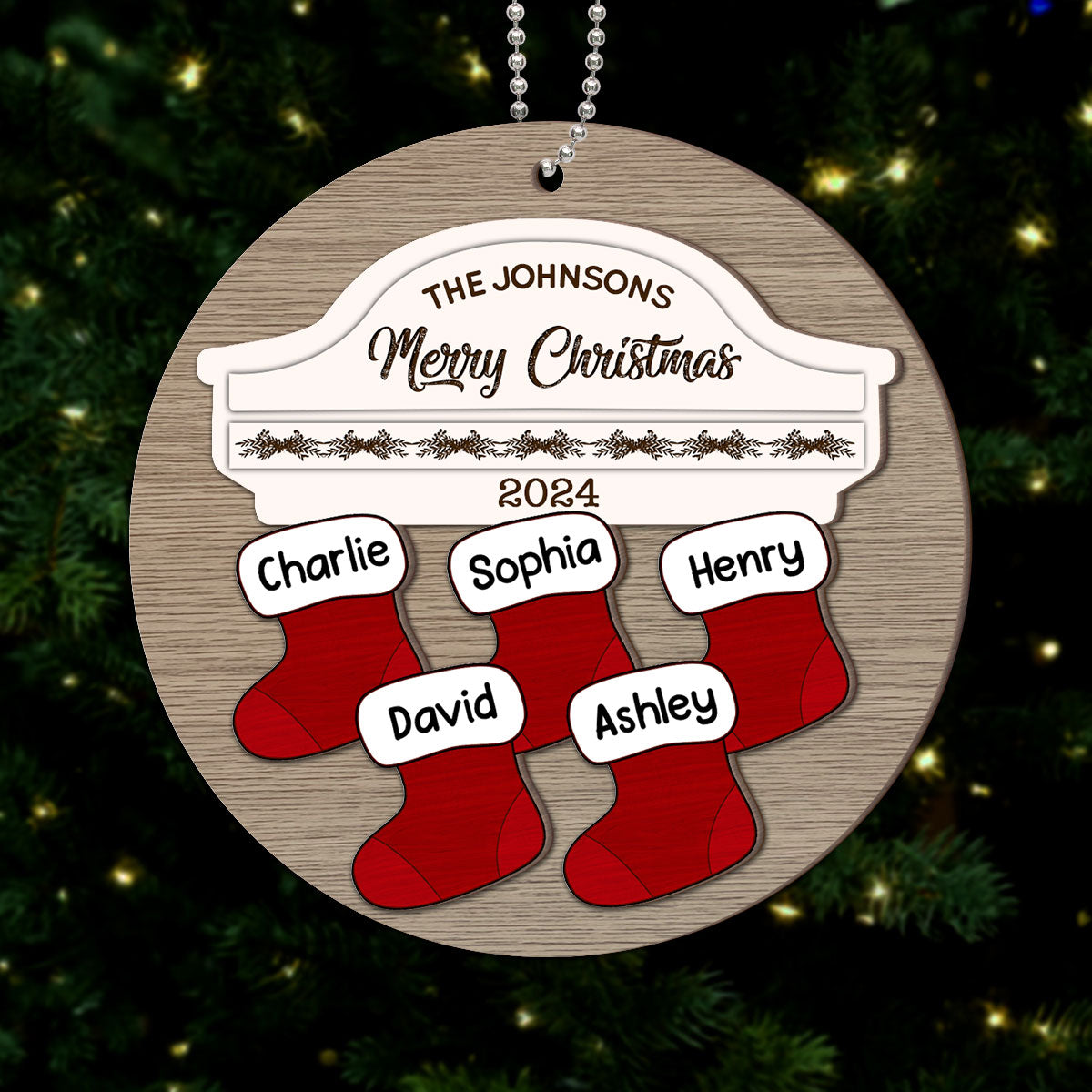 Family Name Stocking Christmas Decor Personalized 2-Layer Wooden Ornament