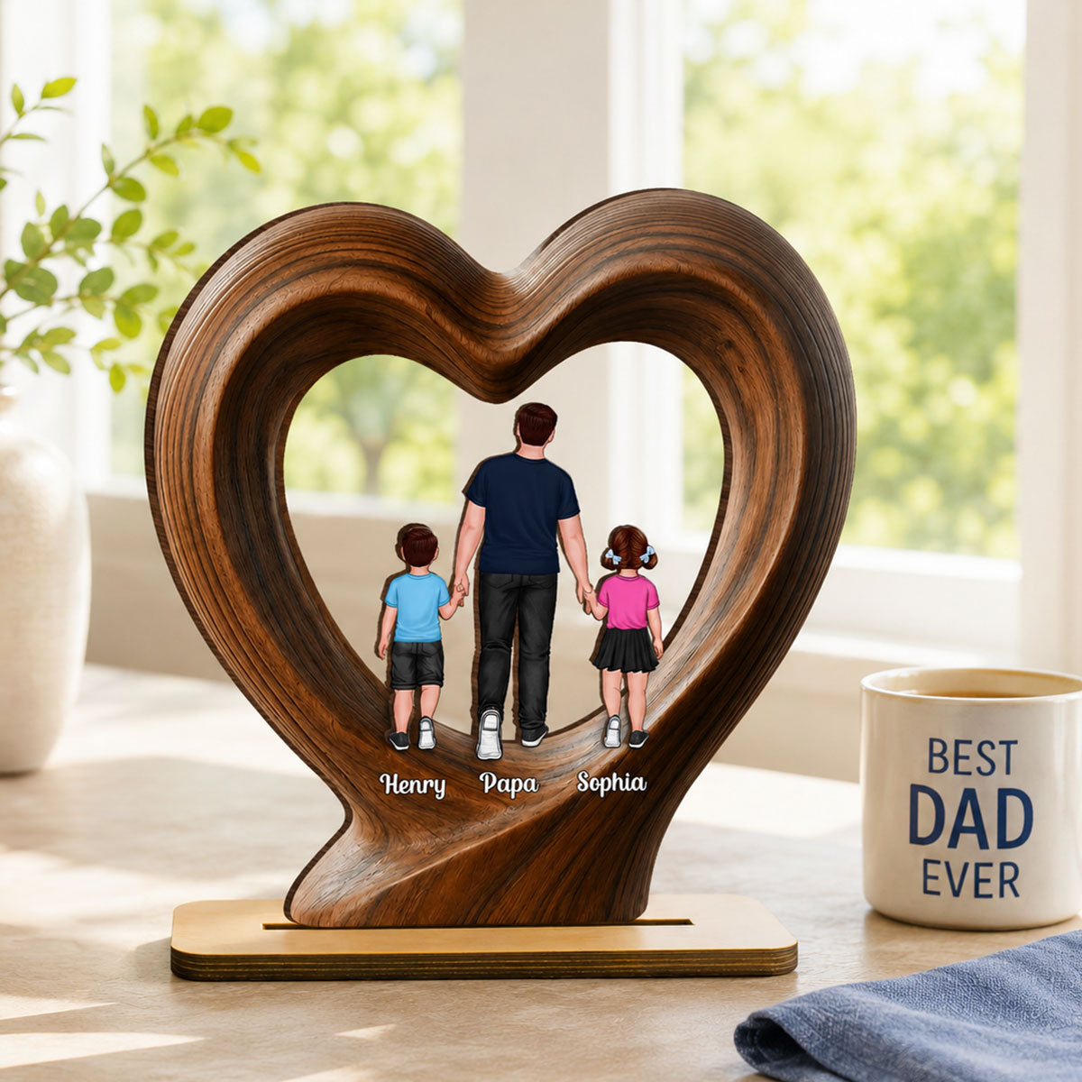 Dad Grandpa Walking With Children - Personalized 2-Layered Wooden Plaque - Father's Day Gift for Husband