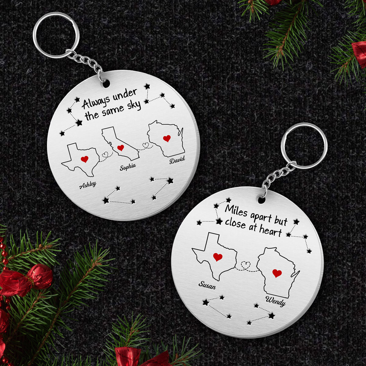 Always Under The Same Sky Personalized Metal Keychain, Christmas Gifts for Boyfriend, Girlfriend, Besties Long Distance Relationship Gift