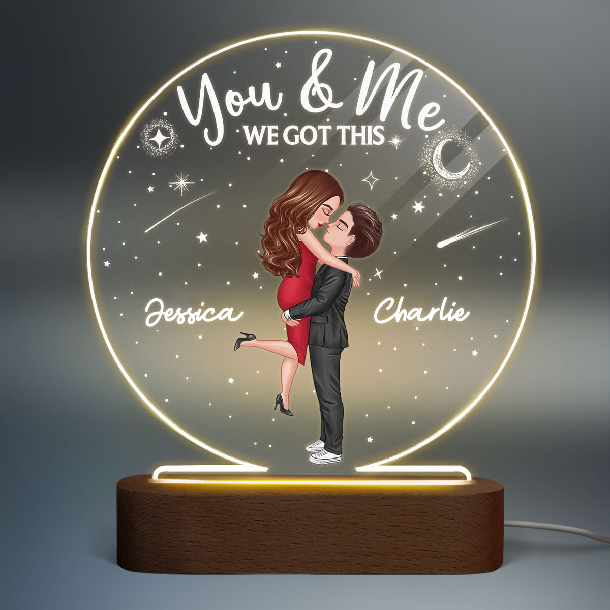 Doll Couple Hugging Kissing Personalized Circle Acrylic Plaque With LED Night Light - Anniversary Gift For Her - Gift For Him