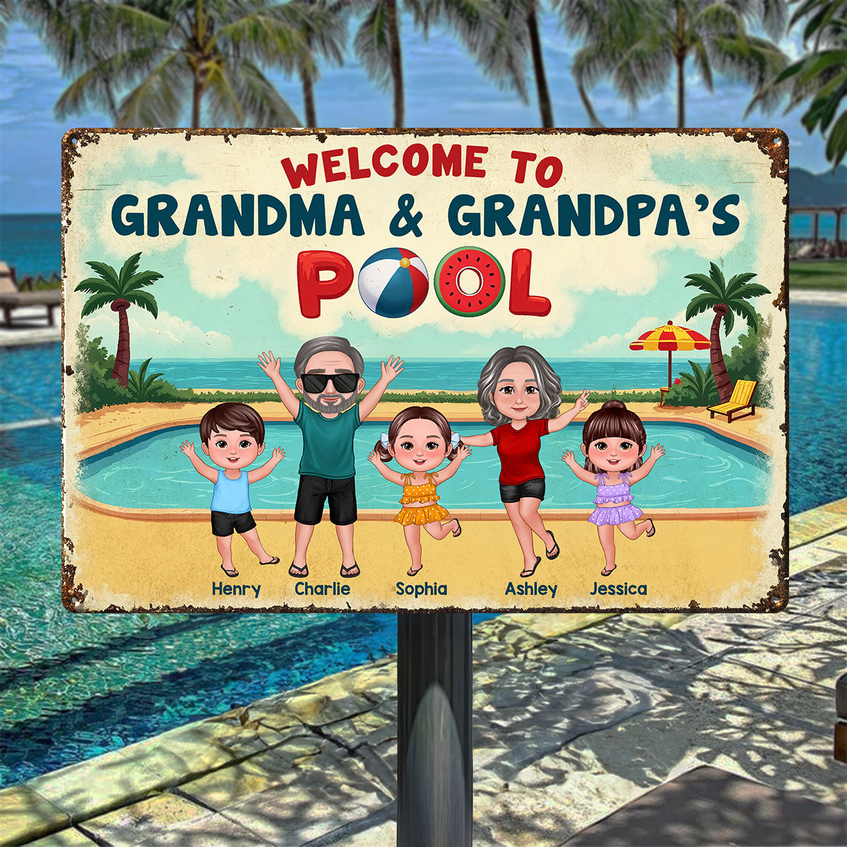 Summer Vibe Welcome To Grandpa Grandma Grandparents Pool Personalized Metal Sign