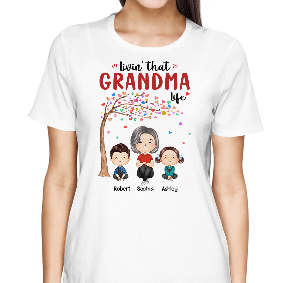 Doll Grandma And Grandkids Watercolor Style Sitting Under Heart Tree Personalized Shirt