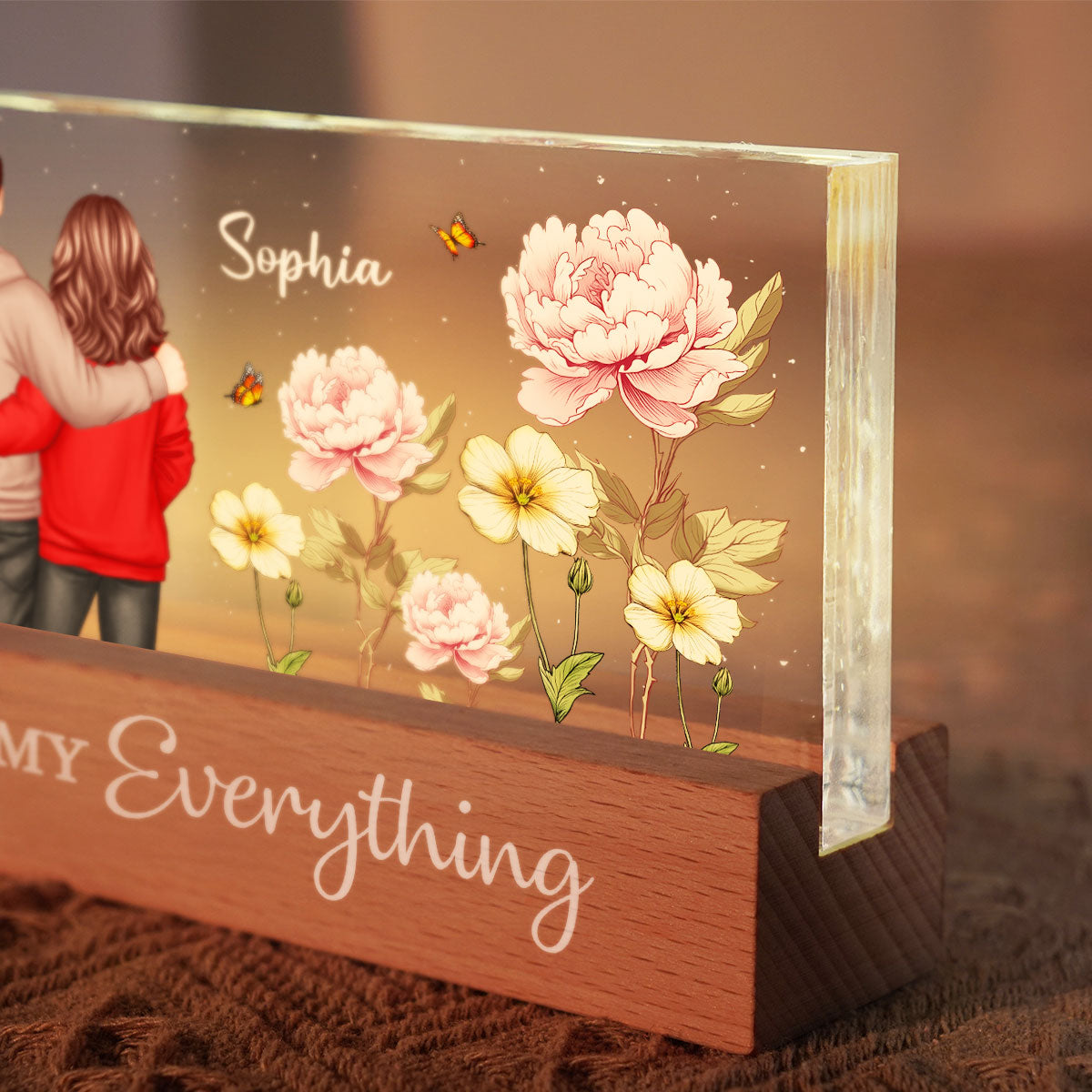 Couple Birth Month Flower - Personalized Acrylic Block Plaque LED Night Light - Gift for Him, Gift for Her