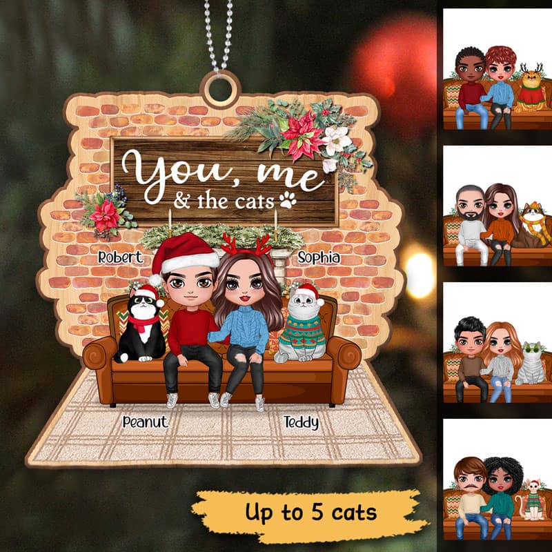 You Me & The Cats On Sofa Personalized Wooden Ornament