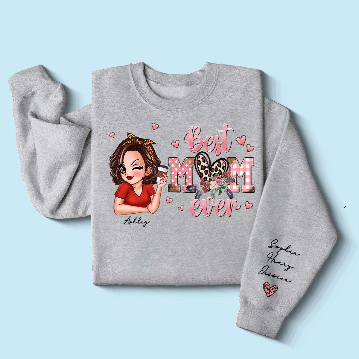 Best Mom Ever Pink Leopard Pretty Woman Personalized Sleeve Printed Sweatshirt