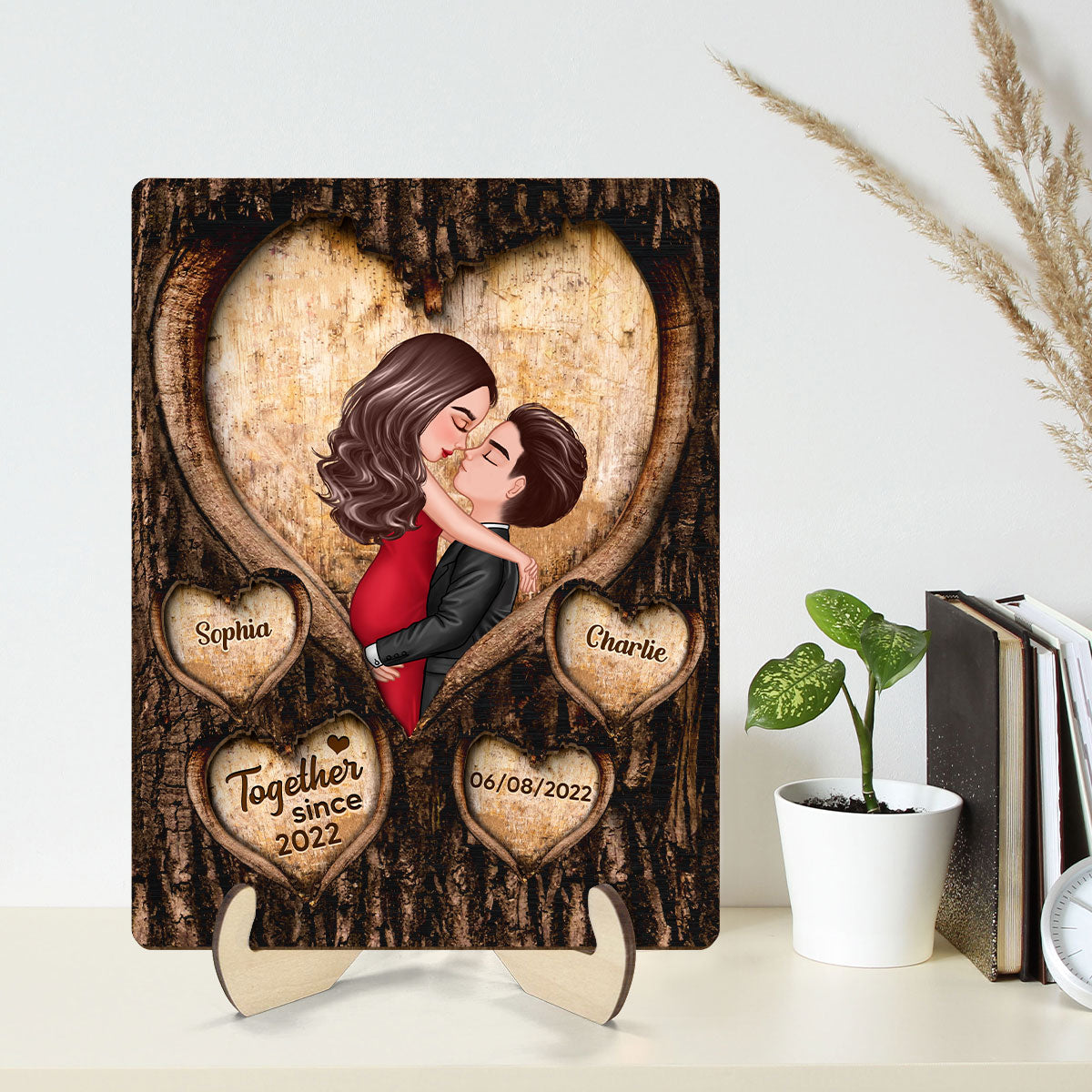 Couple Kissing Hearts Engraved On Tree Personalized 2-layer Wooden Plaque,  Gift For Him, For Her