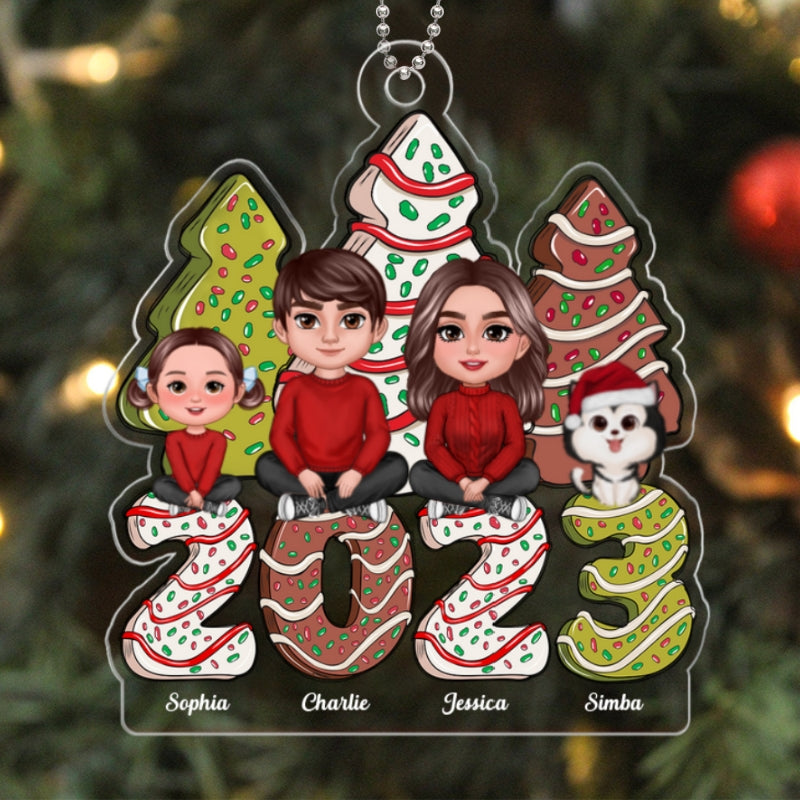 Family Crossed Legs Sitting Christmas Tree Cake Patterned Personalized Acrylic Ornament