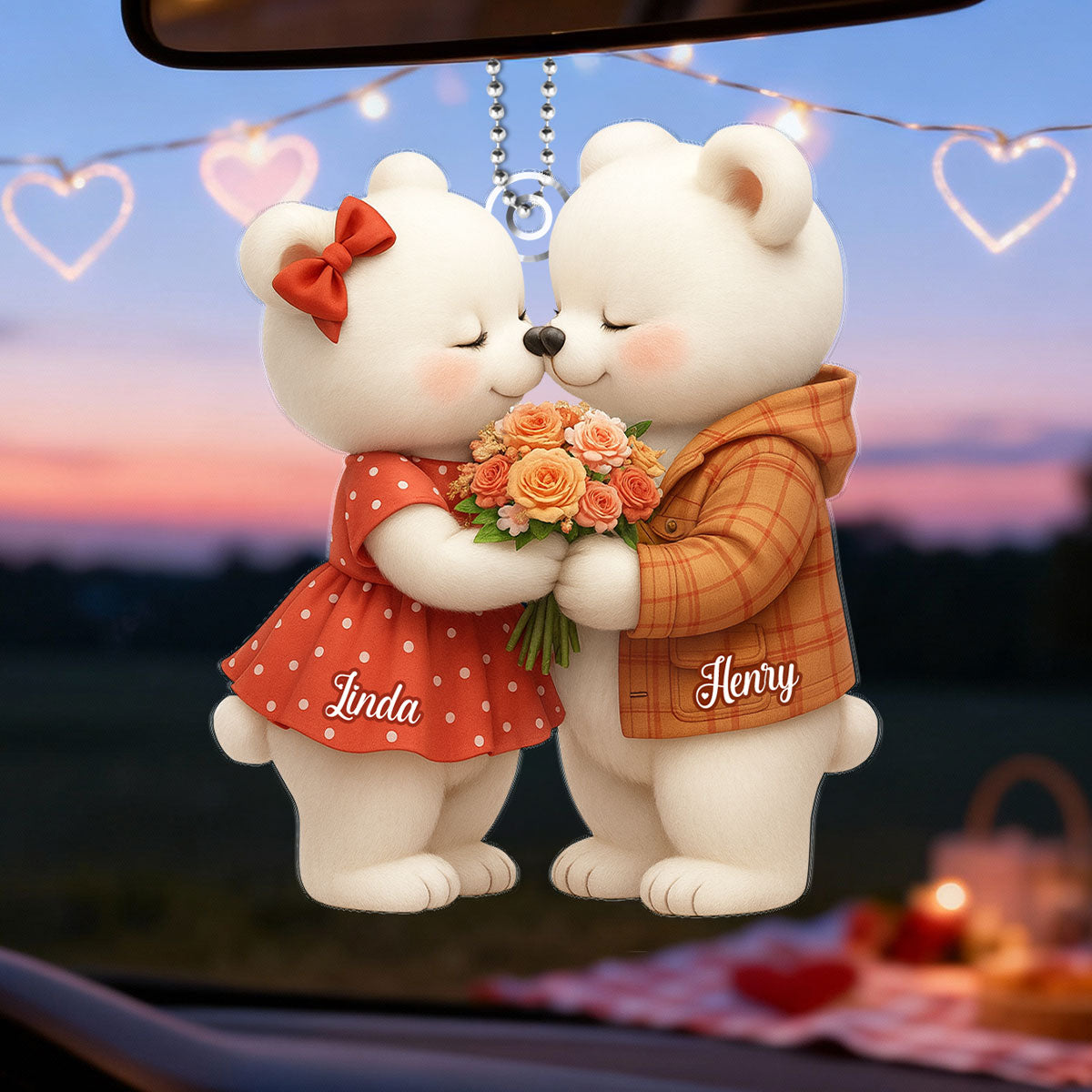 Loving Kissing Bear Couple - Personalized Acrylic Car Hanger - Sentimental Gift for him, for her