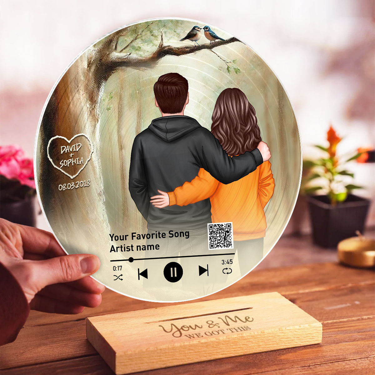Couple Birds On Tree Personalized Vinyl Record, Scannable QR Code, Custom Names & Anniversary Date, Gift For Him, For Her