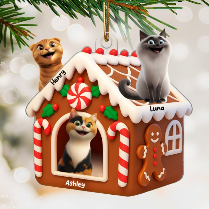 Gingerbread Cat House Personalized Acrylic Ornament, Christmas Gift for Cat Mom, Cat Dad